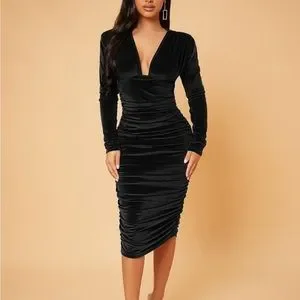 GUCCI★素敵！VELVET DRAWSTRING MIDI BLACK LONG SLEEVE DRESS Gucci Velvet Long Sleeve Dress Black - US